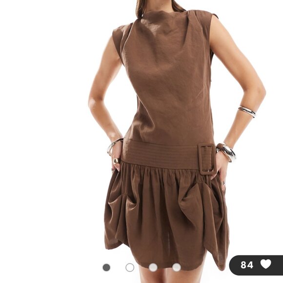 ASOS Design Cowl Neck Hitched Hem Cupro Mini Dress Brown Size 10 - Picture 2 of 13